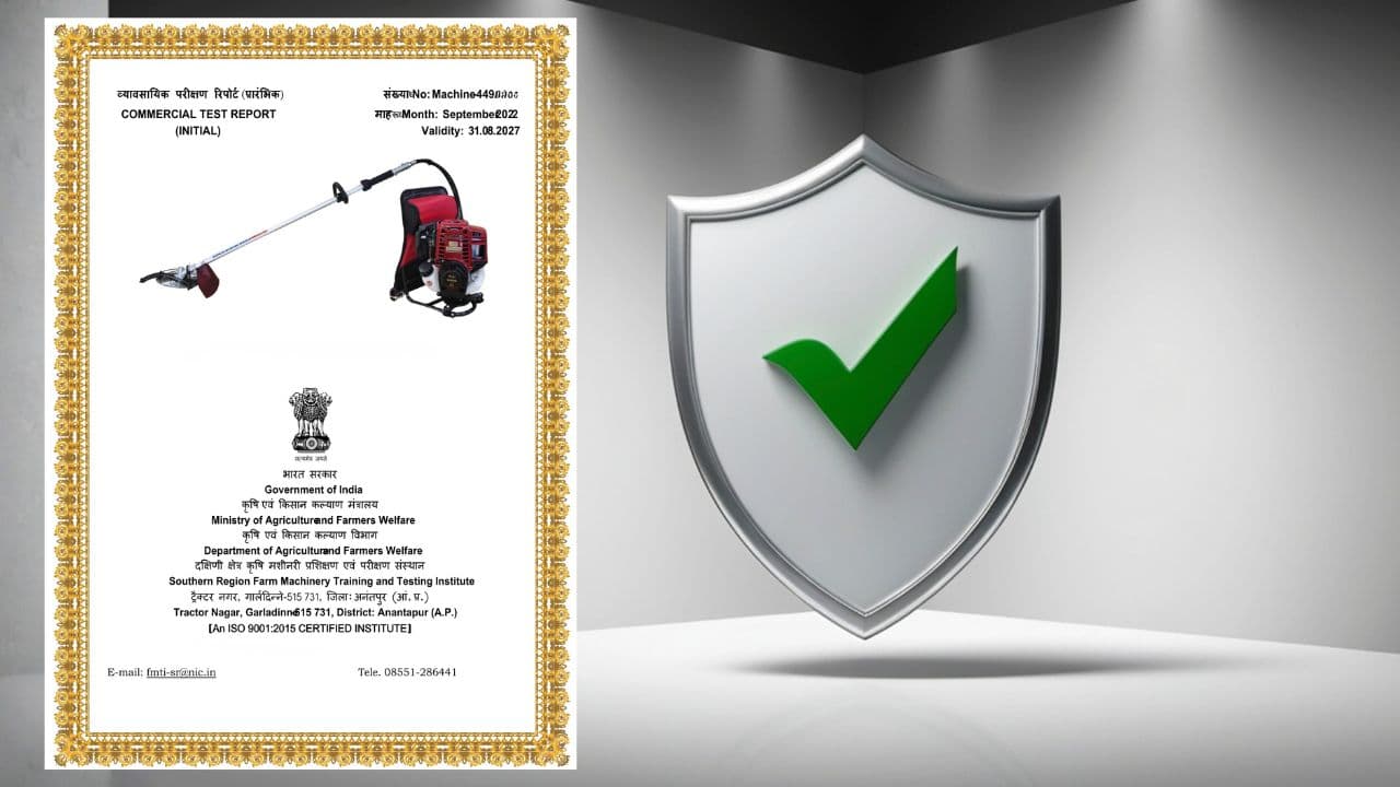An SRFMTTI initial commercial test report showing a machine's stated validity date, alongside a shield-and-checkmark graphic